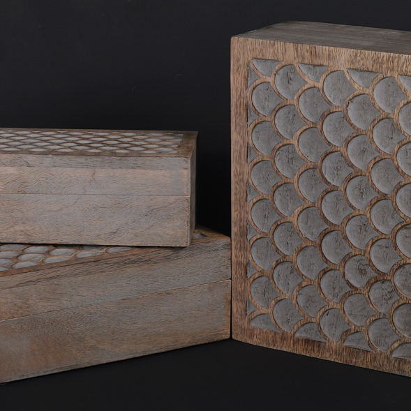 Carved Scallop Boxes in Light Burnt over Grey