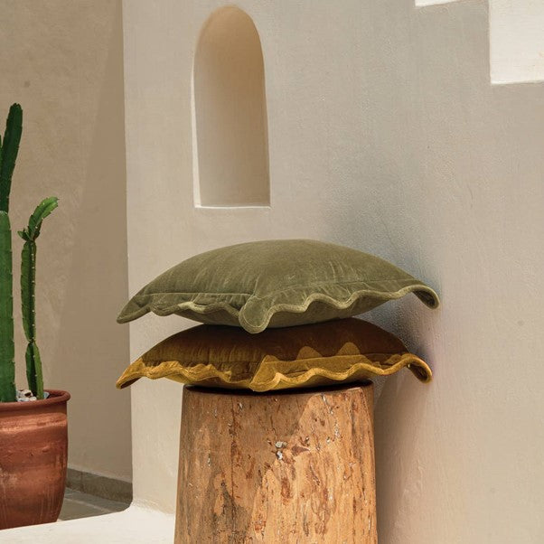 Scallop Velvet Pillow Cover, Moss
