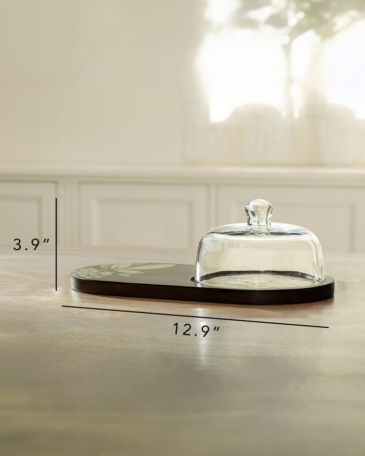 Frangipani Handpainted Platter with Glass Cloche