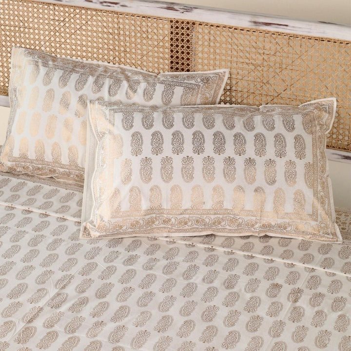 Gold & White Handprinted Bed Cover Set with Pillow Covers