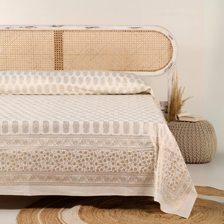 Gold & White Handprinted Bed Cover Set with Pillow Covers