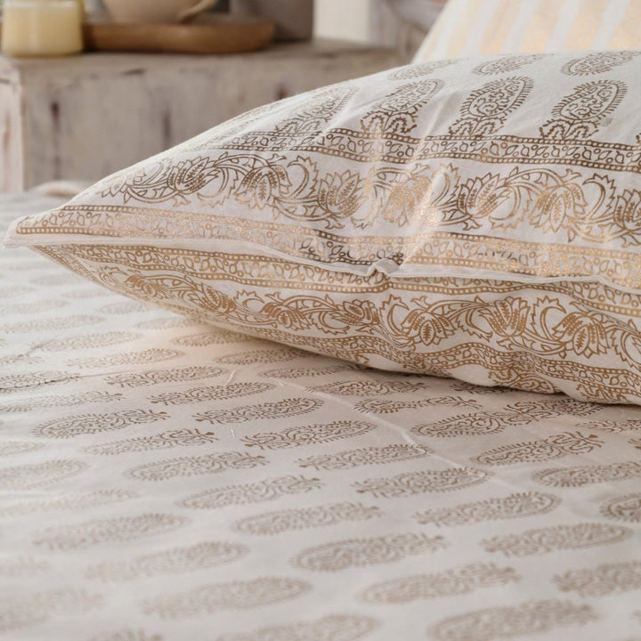 Gold & White Handprinted Bed Cover Set with Pillow Covers