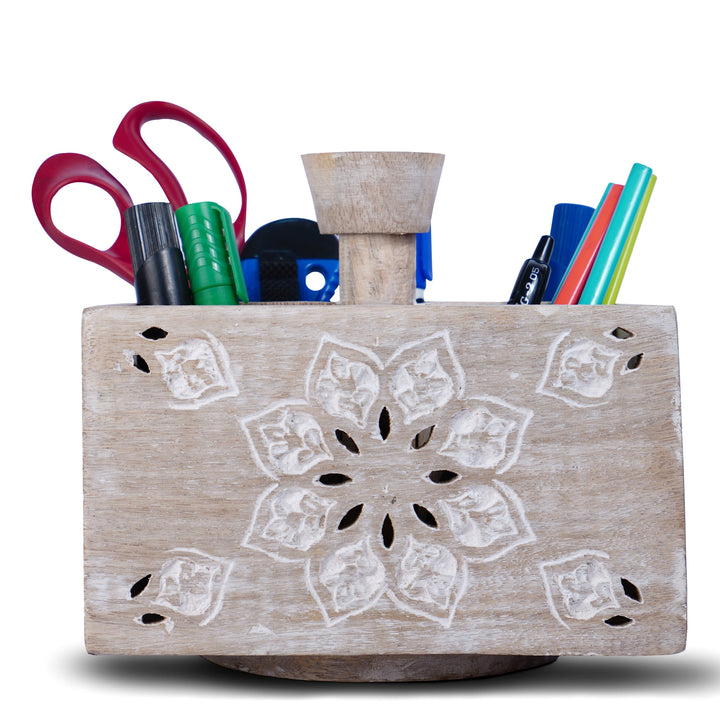 Decorative Wooden Spinning Pen Holder in Whitewash
