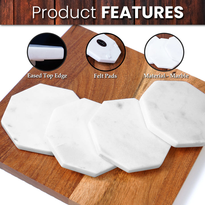 Coaster Set of 4 in White Marble - Octagon Shape