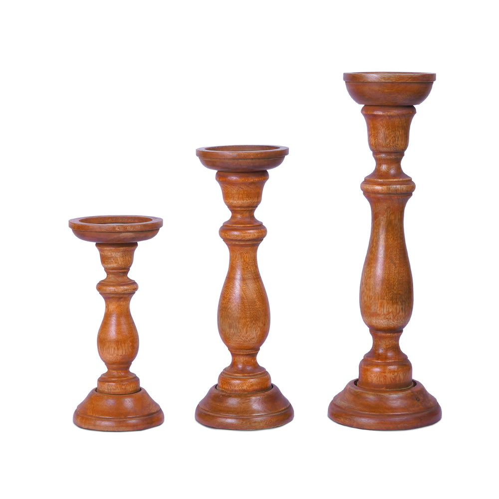 tuli mango wood candleholders medium polish tall set of 3
