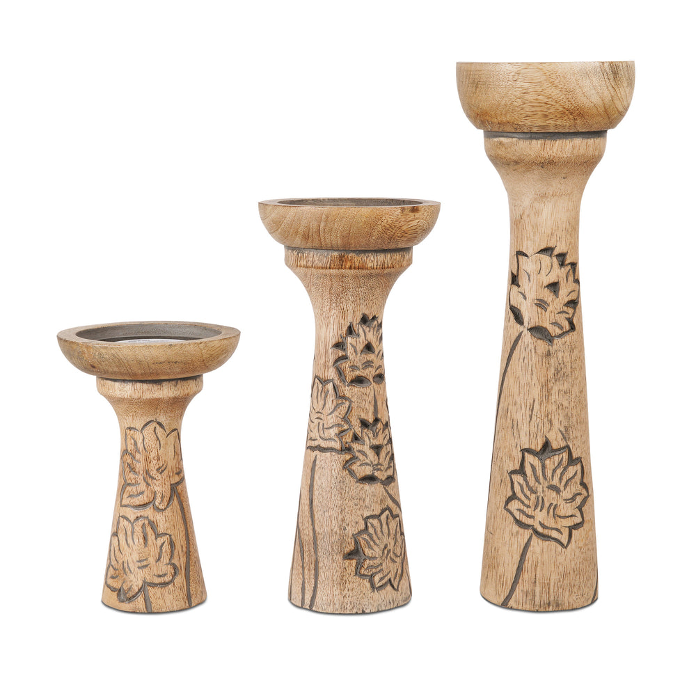 floral vine mango wood candleholders natural over grey set of 3
