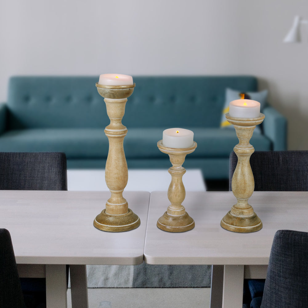 close-up of whitewash finish and wood grain on candleholders
