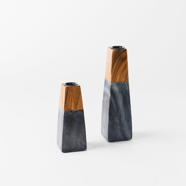 tapered black marble and acacia candleholder