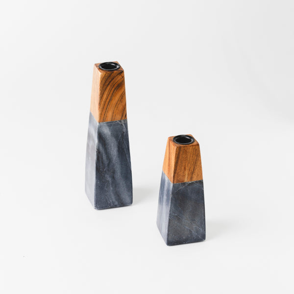 Tapered Black Marble & Acacia Sculptural Candleholders
