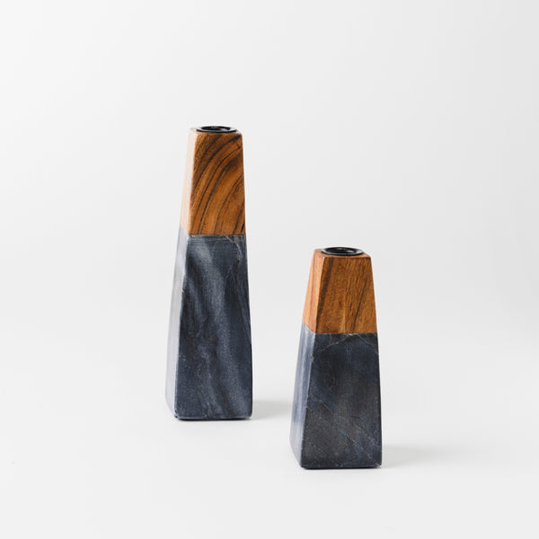 Tapered Black Marble & Acacia Sculptural Candleholders
