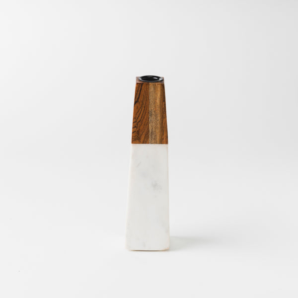 tapered white marble and acacia candleholder
