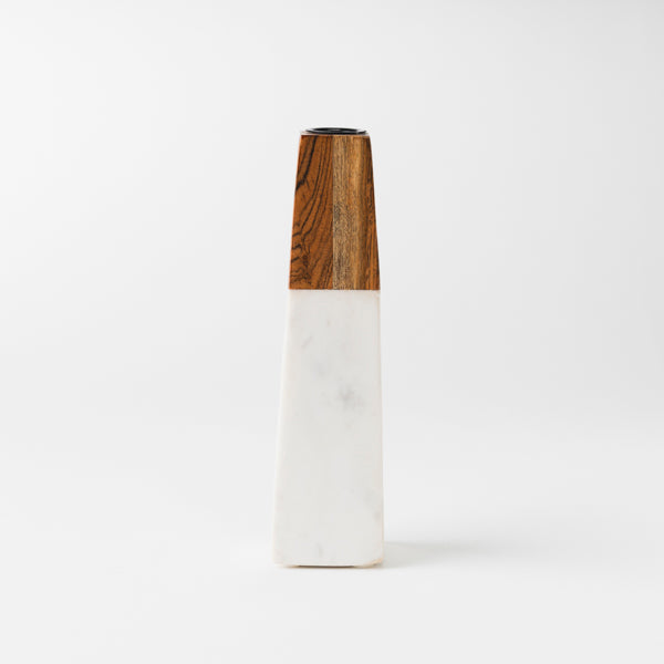 Tapered White Marble & Acacia Sculptural Candleholder