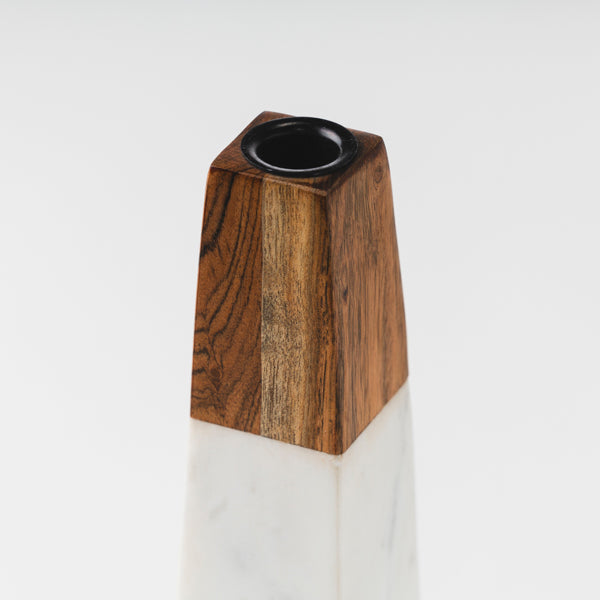 Tapered White Marble & Acacia Sculptural Candleholder