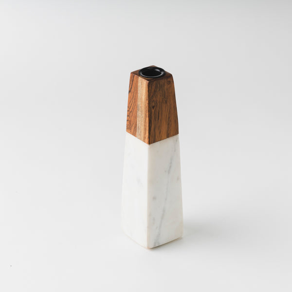Tapered White Marble & Acacia Sculptural Candleholder