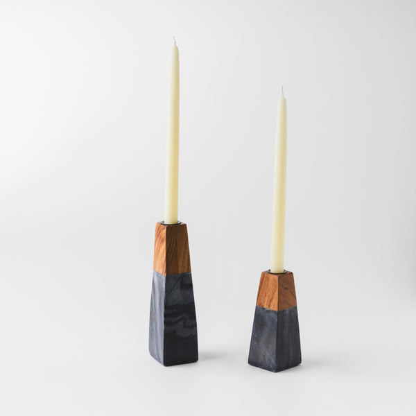 Tapered Black Marble & Acacia Sculptural Candleholders
