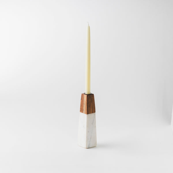 Tapered White Marble & Acacia Sculptural Candleholder