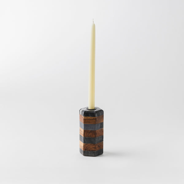 Striped Marble & Acacia Candleholders
