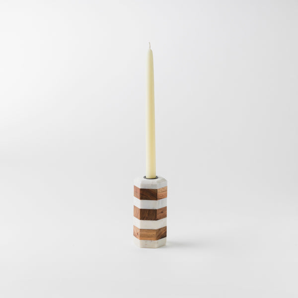 Striped Marble & Acacia Candleholders