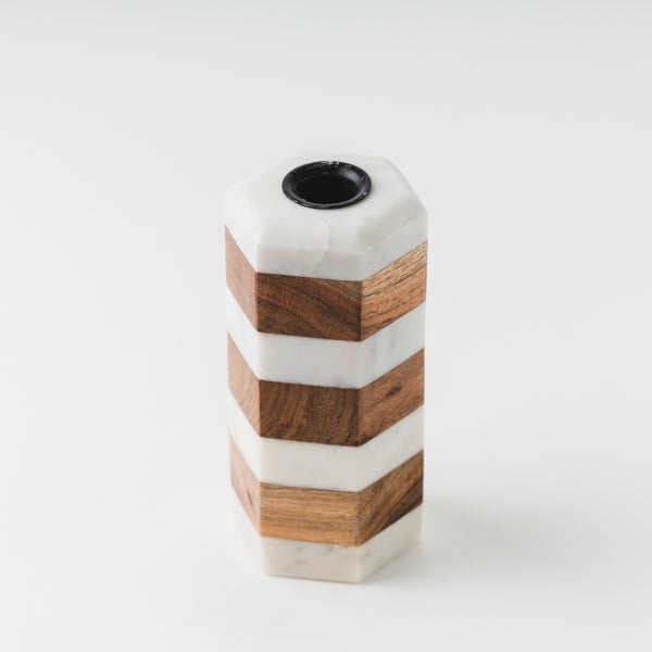 Striped Marble & Acacia Candleholders