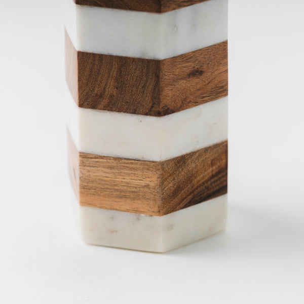 Striped Marble & Acacia Candleholders
