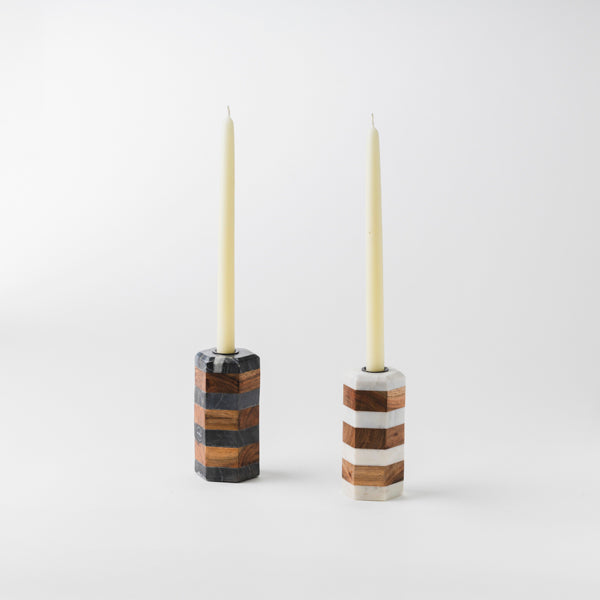 Striped Marble & Acacia Candleholders
