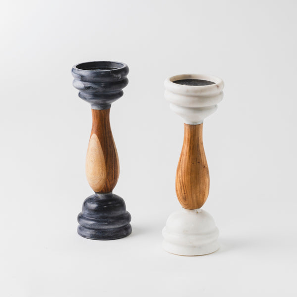 ignature black marble and wood pillar candleholder