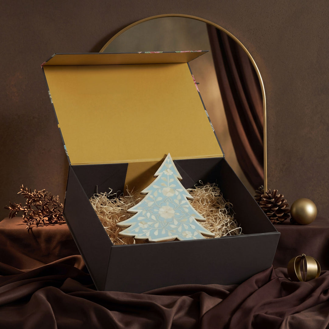 Blue and white flora bone inlay standing tree decor 12 inch high in signature gift box 
