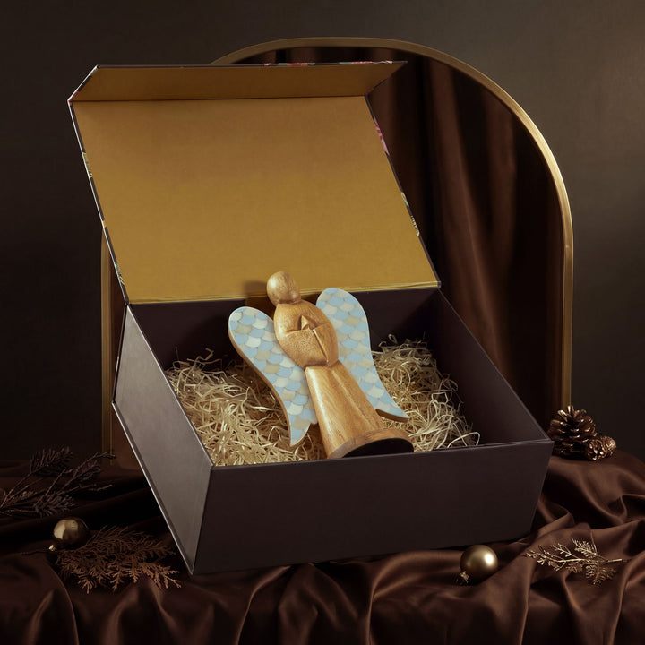Blue and white frost bone inlay standing angel decor 10 inch high in signature gift box