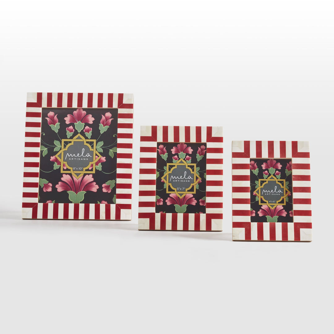 Red and white striped bone inlay photo frame size on white background  