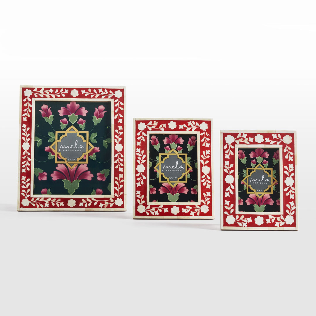Red and white flora bone inlay photo frames in assorted sizes on white background