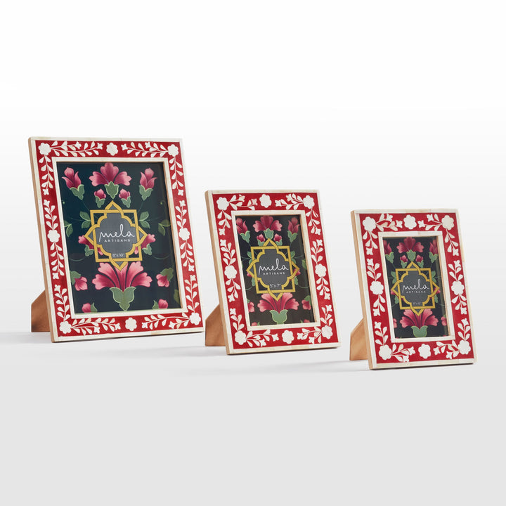 Red and white flora bone inlay photo frames in assorted sizes on white background