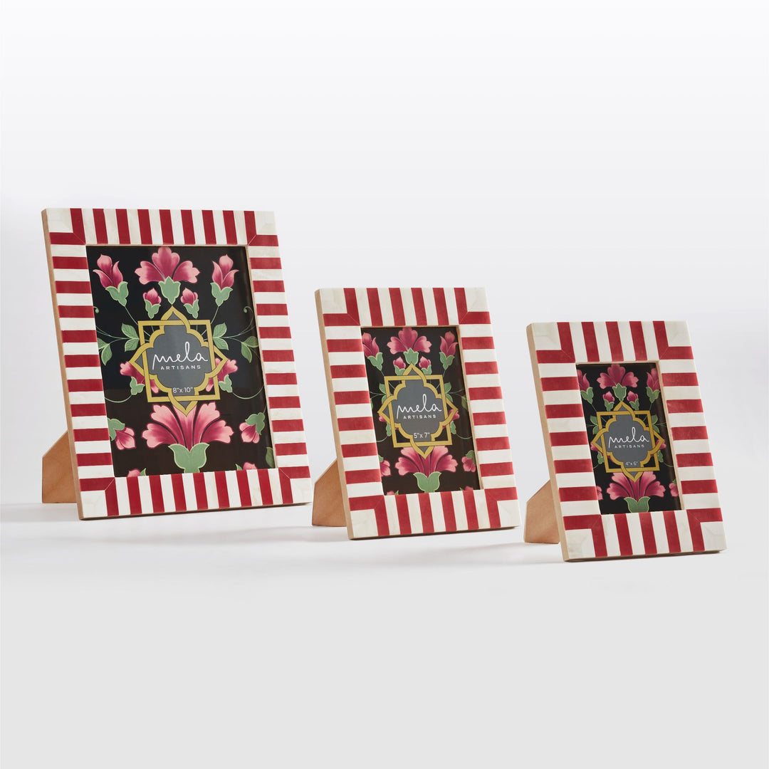 Red and white striped bone inlay photo frame size on white background  
