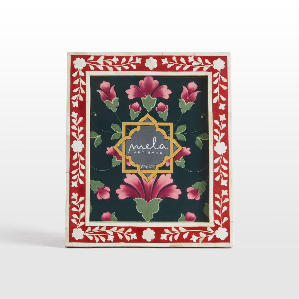 Red and white flora bone inlay photo frames in assorted sizes on white background