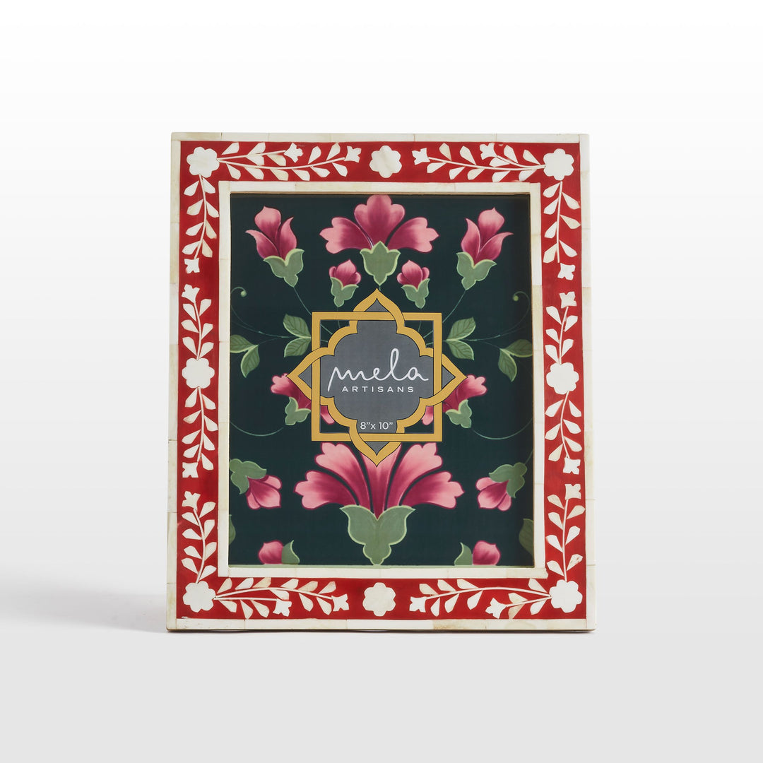 Red and white flora bone inlay photo frames in assorted sizes on white background