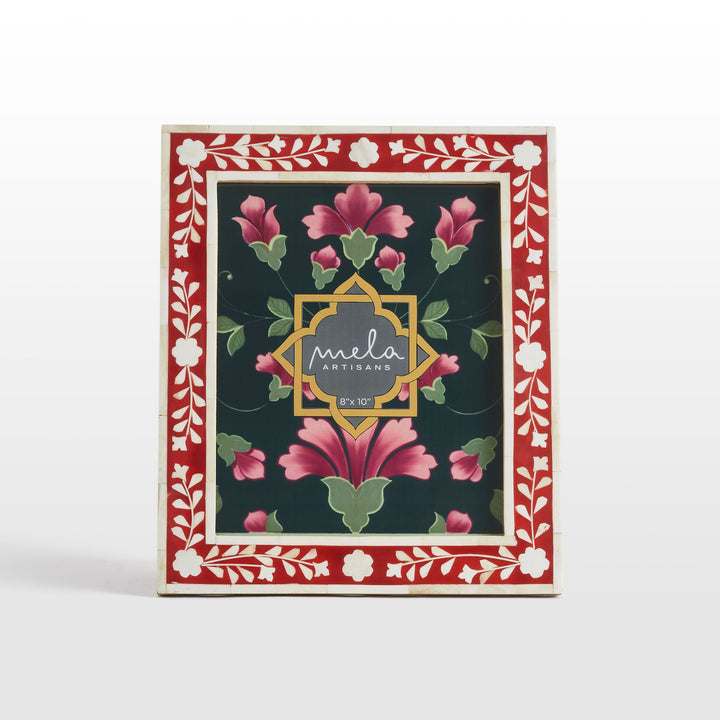 Red and white flora bone inlay photo frames in assorted sizes on white background