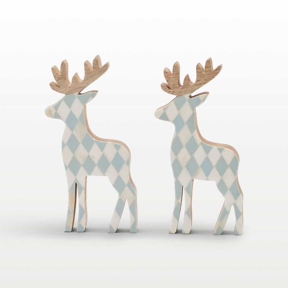 Close-up of handcrafted teal resin, white bone inlay diamond pattern, and natural wooden antlers
