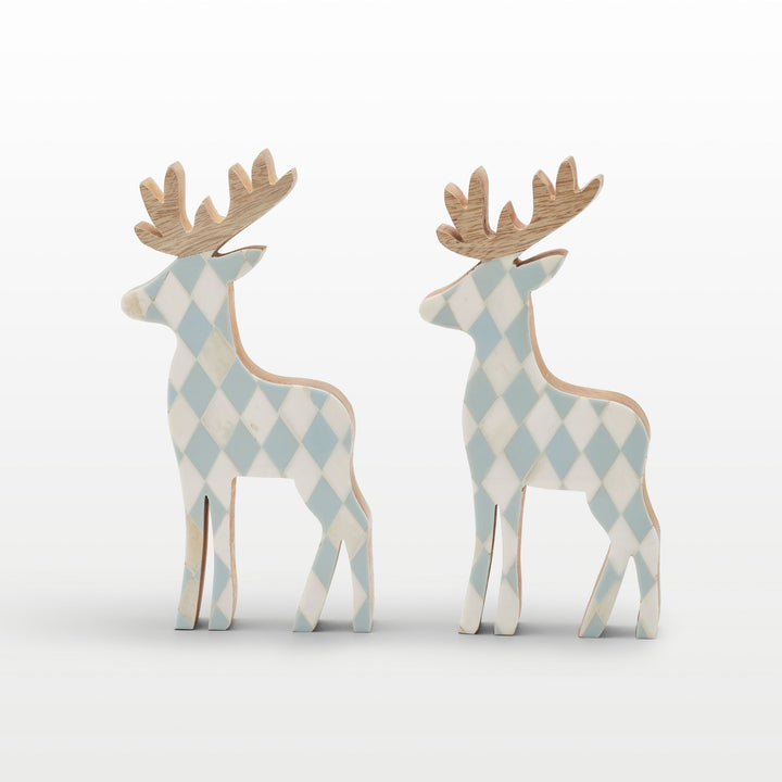 Close-up of handcrafted teal resin, white bone inlay diamond pattern, and natural wooden antlers