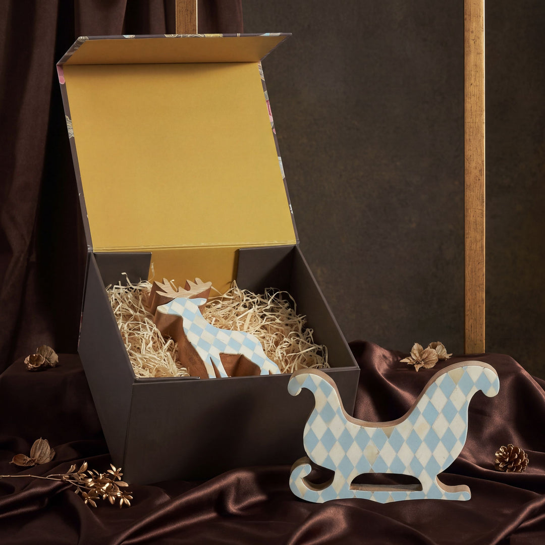 Blue and white frost bone inlay reindeer and sledge set of 2 in signature gift box