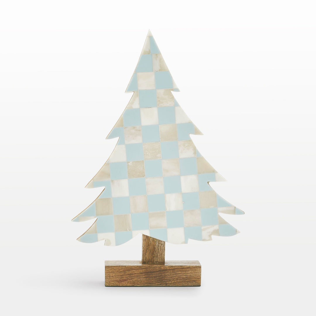 Close-up of handcrafted teal blue resin and white bone inlay checkered pattern texture