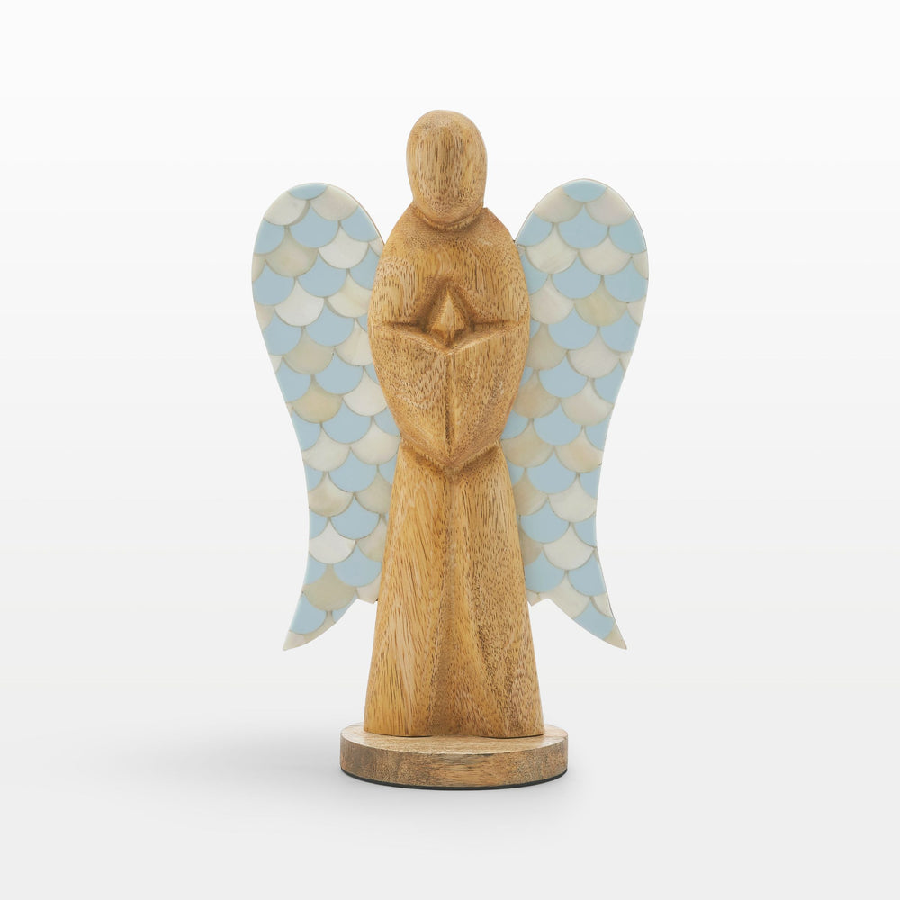 Close-up of hand-carved wooden angel body and scalloped teal and white bone inlay wing pattern