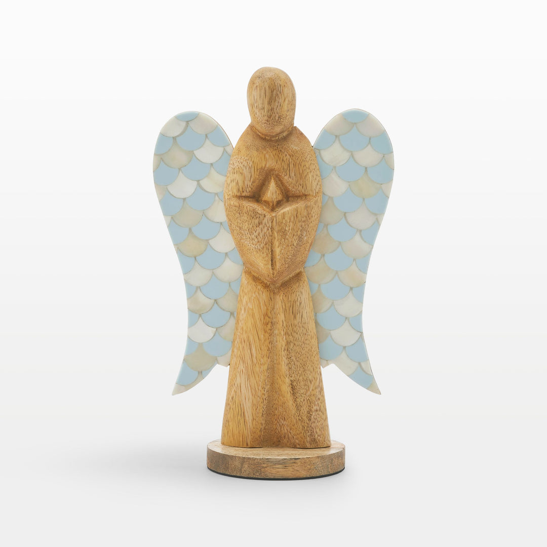 Close-up of hand-carved wooden angel body and scalloped teal and white bone inlay wing pattern