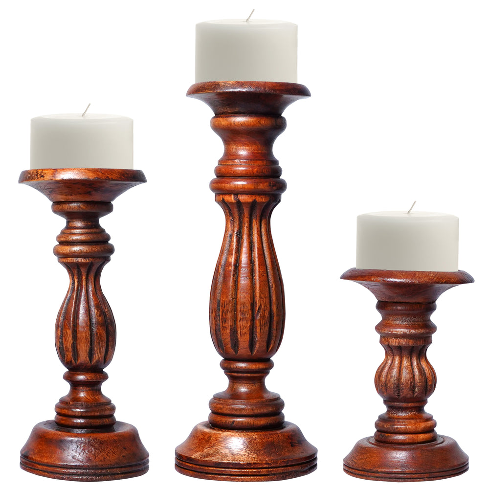 hana mango wood candleholders, medium polish set of 3