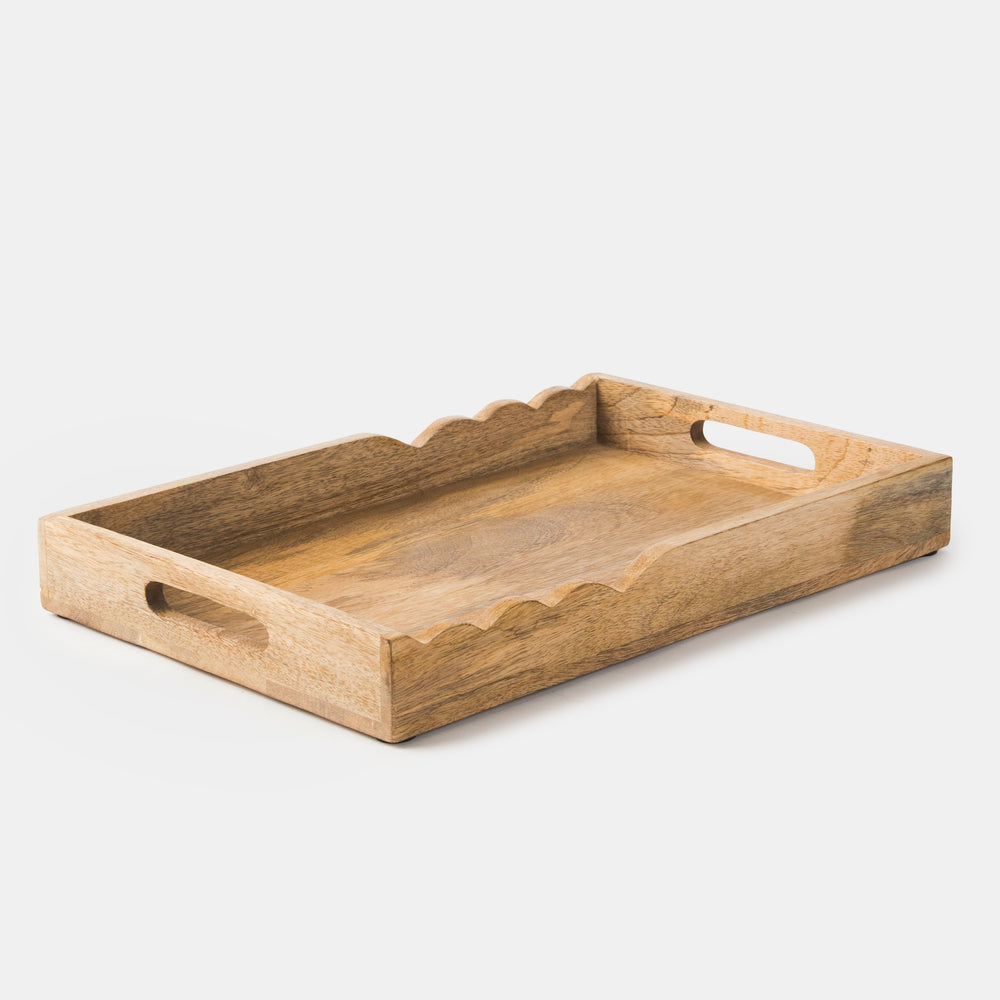 Scalloped elegance mangowood serving tray with handles in natural finish
