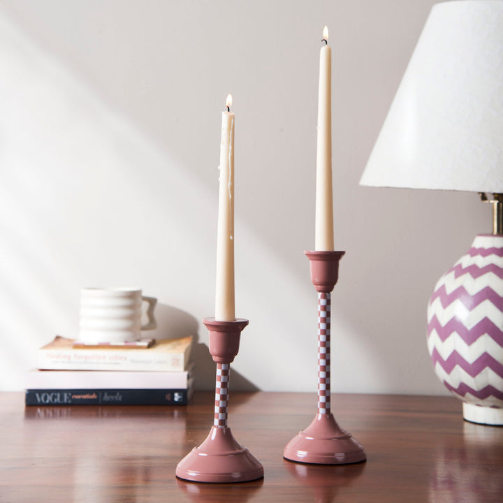 Dusty Pink Checkered Candlesticks