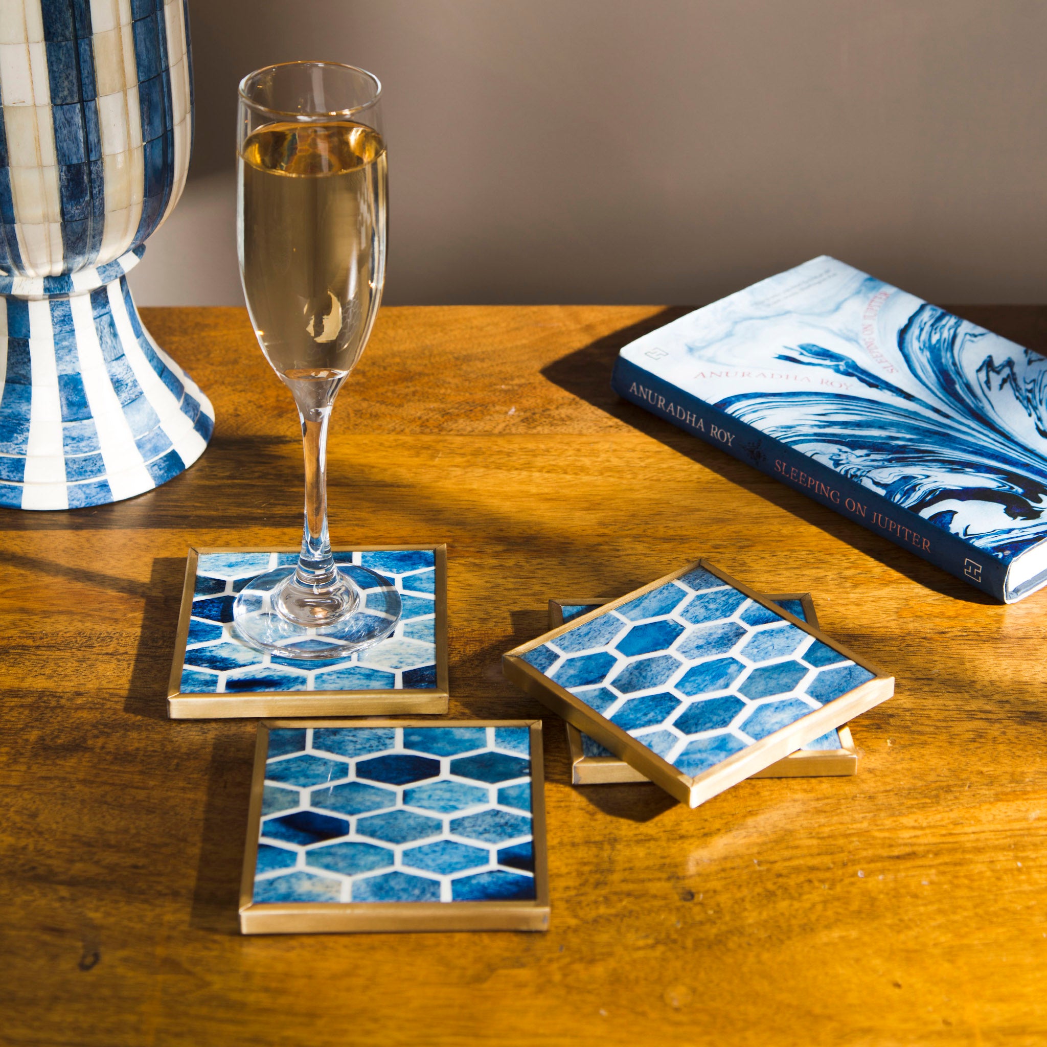 Gramercy Blue Coasters with Brass Trim – Mela Artisans