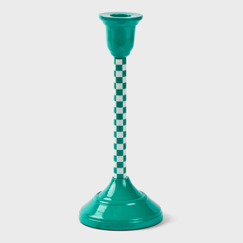 Mela Artisans Jade Mint Checkered Candlestick Holder, available in 6-inch and 9-inch heights.