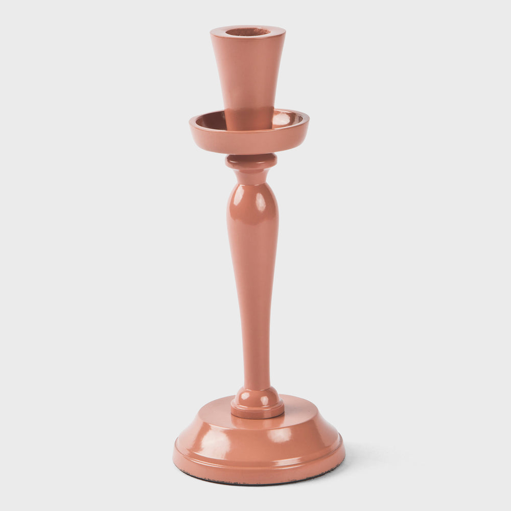 Pink aluminum candlestick with sleek modern silhouette
