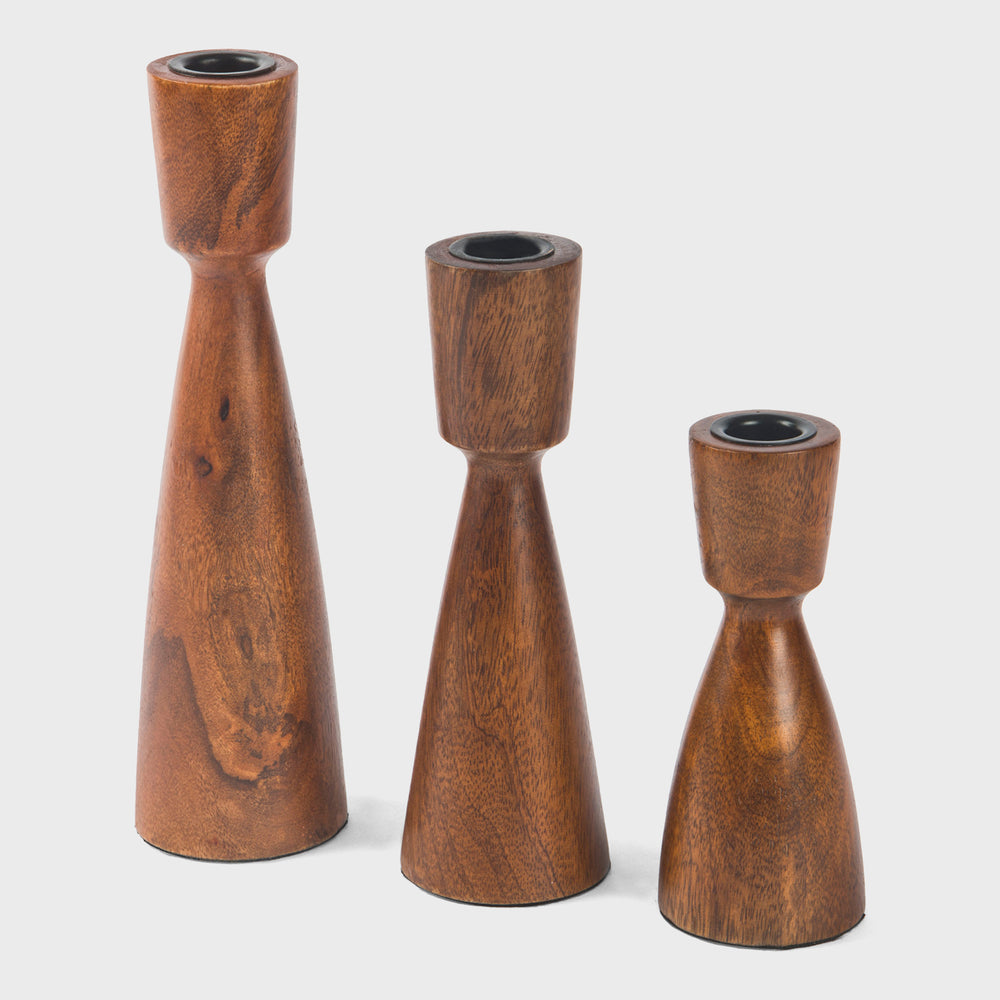 Conical brown wood candlestick holders for 12-inch, 9-inch, and 6-inch taper candles.
