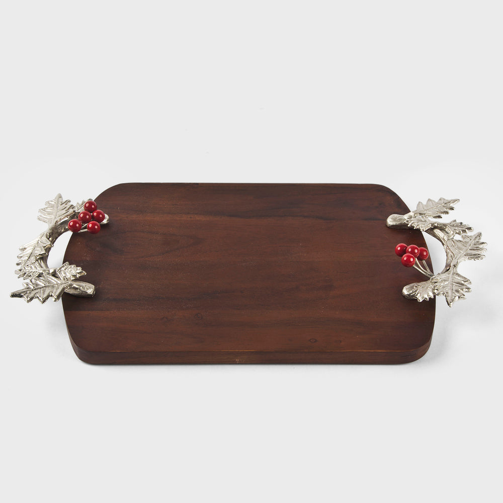 Mango wood platter with silver holly handles and red berry accents
