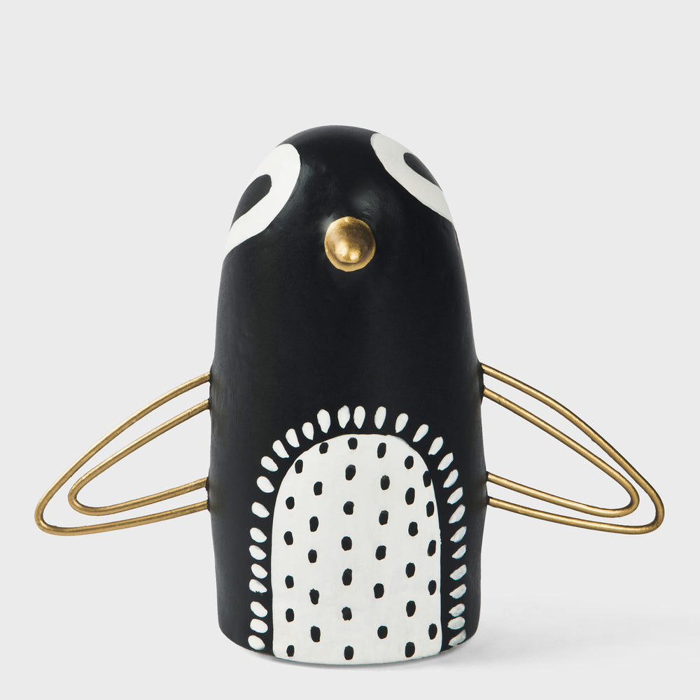 Midnight penguin papier-mâché figurine with gold accents